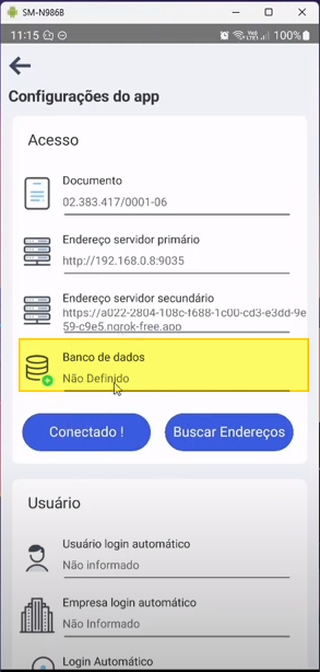 Tela "Configurações do app" com campo "Banco de dados" destacado em amarelo exibindo "Não Definido" e botão "Conectado !" visível