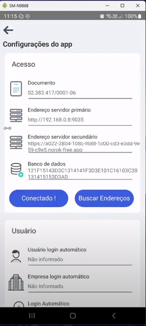 Tela "Configurações do app" com campo "Banco de dados" preenchido com o identificador da base selecionada