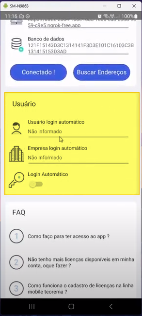 Tela "Configurações do app" com seção Usuário (campos: Usuário login automático "Não informado", Empresa login automático "Não Informado", Login Automático desativado) e seção FAQ com as perguntas: "Como faço para ter acesso ao app?", "Não tenho mais licenças disponíveis em minha conta, oque fazer?", "Como funciona o cadastro de licenças na linha mobile teorema?" e "Não estou conseguindo realizar o login em meu aplicativo"