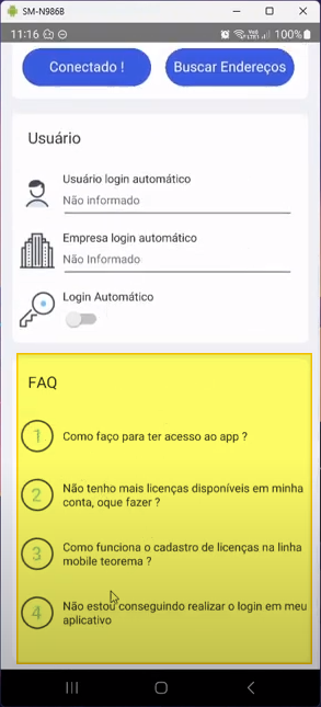 Tela de Configurações do app exibindo a seção FAQ com as quatro perguntas listadas em destaque amarelo