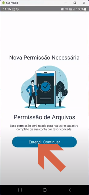Tela "Nova Permissão Necessária — Permissão de Arquivos" com diálogo do sistema Android perguntando "Permitir que Teorema Transformação 2 acesse fotos, vídeos, músicas e áudios neste dispositivo?" com botões Permitir e Não permitir