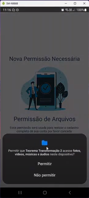Tela "Configurações do app" exibida ao fundo após concessão de permissão, com campos de acesso e usuário visíveis