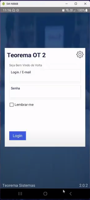 Tela "Teorema OT 2" com campos Login / E-mail e Senha vazios, checkbox Lembrar-me e botão Login; rodapé exibe "Teorema Sistemas 2.0.2"