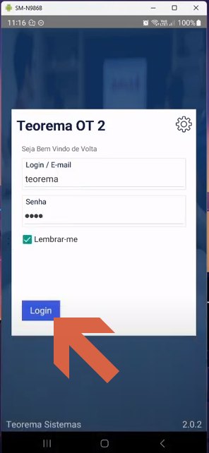 Tela "Teorema OT 2" com campo Login preenchido com "teorema", campo Senha com caracteres mascarados, checkbox Lembrar-me marcado e seta apontando para o botão Login