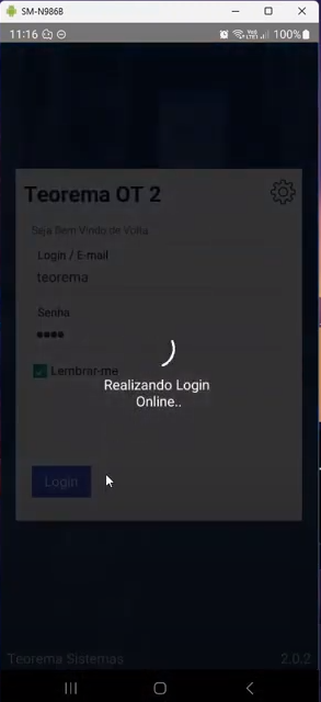 Tela "Teorema OT 2" com mensagem "Realizando Login Online..." exibida durante o processo de autenticação