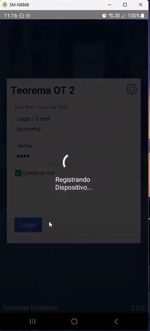 Tela "Teorema OT 2" com mensagem "Registrando Dispositivo..." exibida após a autenticação bem-sucedida