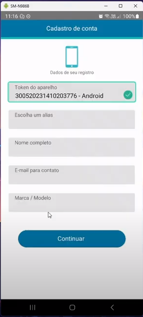 Tela "Cadastro de conta — Dados de seu registro" com campo "Token do aparelho" preenchido automaticamente e demais campos (Escolha um alias, Nome completo, E-mail para contato, Marca / Modelo) vazios; botão Continuar