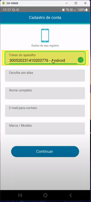 Tela "Cadastro de conta" com campo "Token do aparelho" preenchido e destacado em amarelo; demais campos ainda vazios