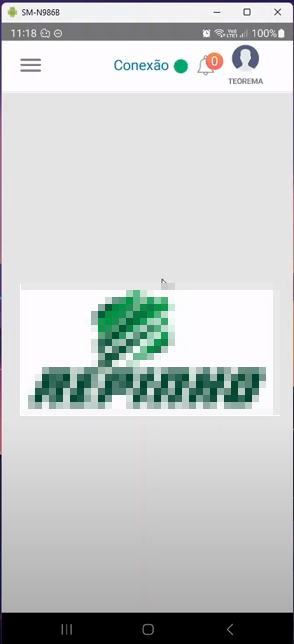 Tela inicial do aplicativo carregada exibindo o logotipo da empresa selecionada e indicador de conexão ativa no topo