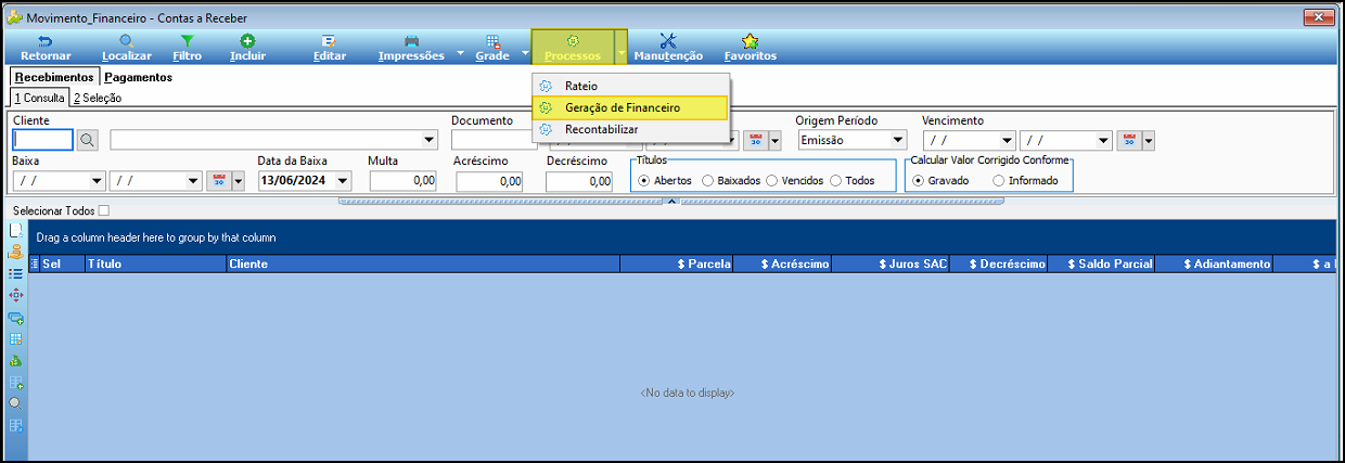Tela Movimento Financeiro — Contas a Receber com o menu Processos aberto, exibindo as opções Rateio, Geração de Financeiro (destacada) e Recontabilizar