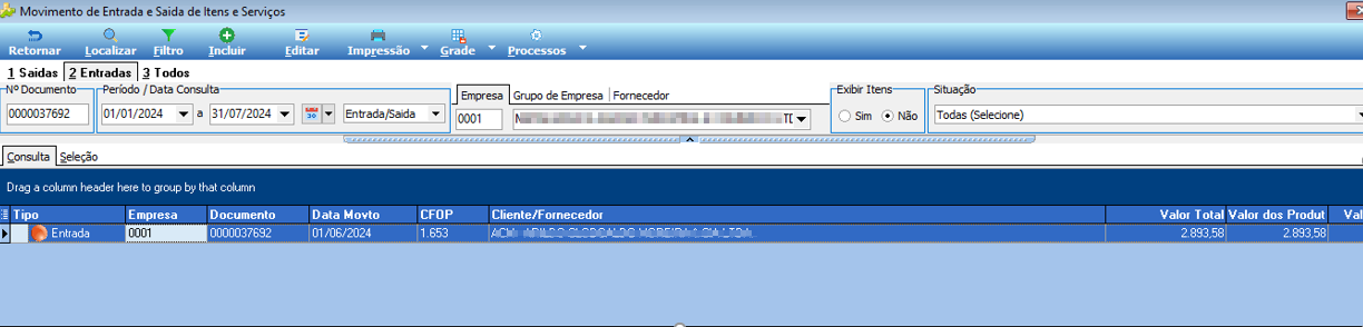 Tela Movimento de Entrada e Saída de Itens e Serviços com filtro de período 01/01/2024 a 31/07/2024 e resultado exibindo nota 0000037692 do tipo Entrada, CFOP 1.653, valor total 2.893,58