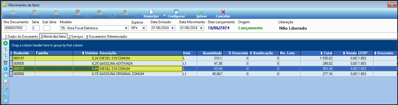 Tela Movimento de Itens, aba "2 Movto dos Itens", grade exibindo quatro itens: Reduzido 000197 DIESEL S10 COMUM (310,1 L, R$ 1.935,02), Reduzido 000505 GASOLINA ADITIVADA (47,38 L, R$ 298,02), Reduzido 000197 DIESEL S10 COMUM novamente (65,09 L, R$ 383,38 — linha destacada em azul), e Reduzido 000506 GASOLINA ORIGINAL COMUM (45,067 L, R$ 277,16)
