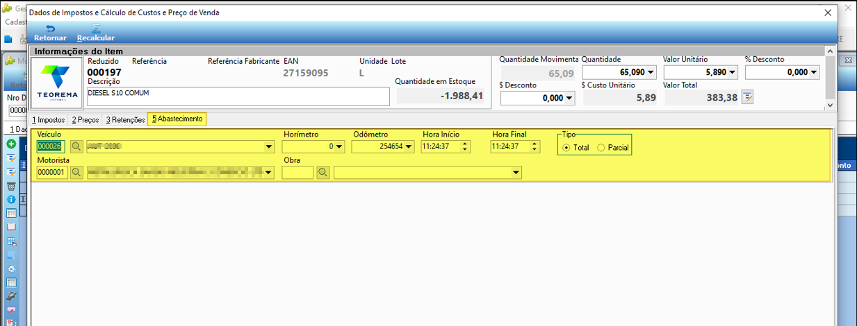 Tela Dados de Impostos e Cálculo de Custos e Preço de Venda para o item Reduzido 000197 DIESEL S10 COMUM (Quantidade 65,09 L, Valor Total R$ 383,38), aba "5 Abastecimento" ativa com campos: Veículo 000026, Hodômetro 254654, Hora Início 11:24:37, Hora Final 11:24:37, Motorista 0000001, Tipo selecionado como Total