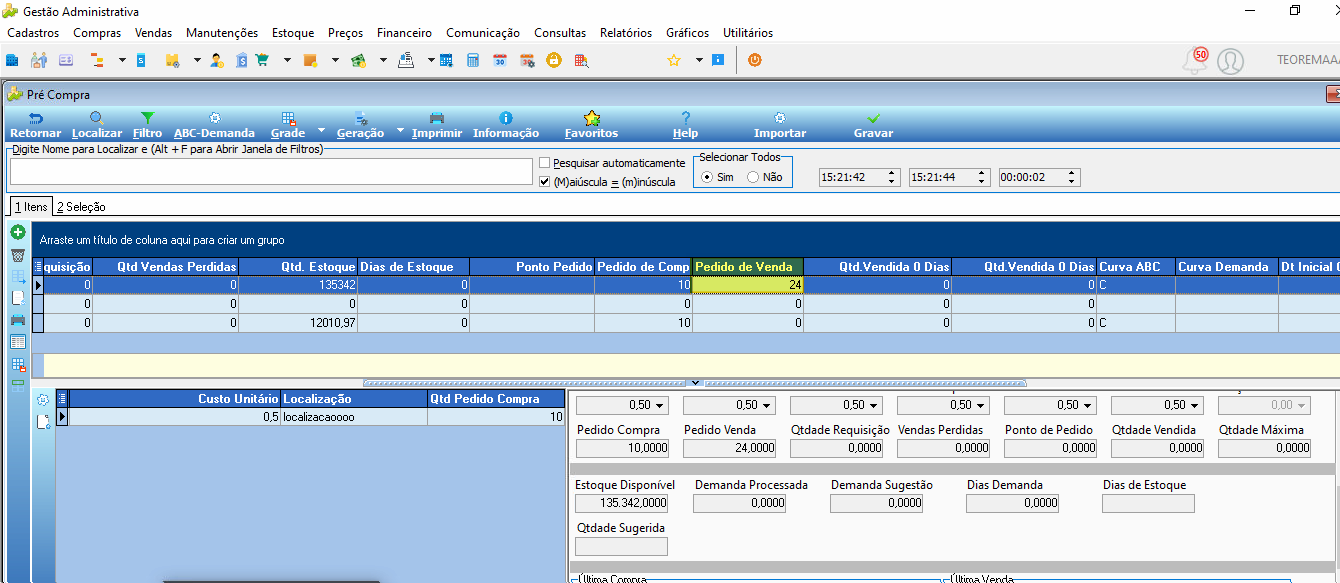 Tela Pré Compra exibindo resultado da consulta com coluna "Pedido de Venda" destacada (valor 24), painel inferior mostrando Pedido Compra 10,0000, Pedido Venda 24,0000, Estoque Disponível 135.342,0000 e demais campos de quantidade zerados