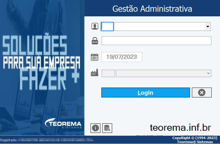 Tela de login do Gestão Administrativa com campos de usuário, senha, data (19/07/2023) e empresa, e botão Login