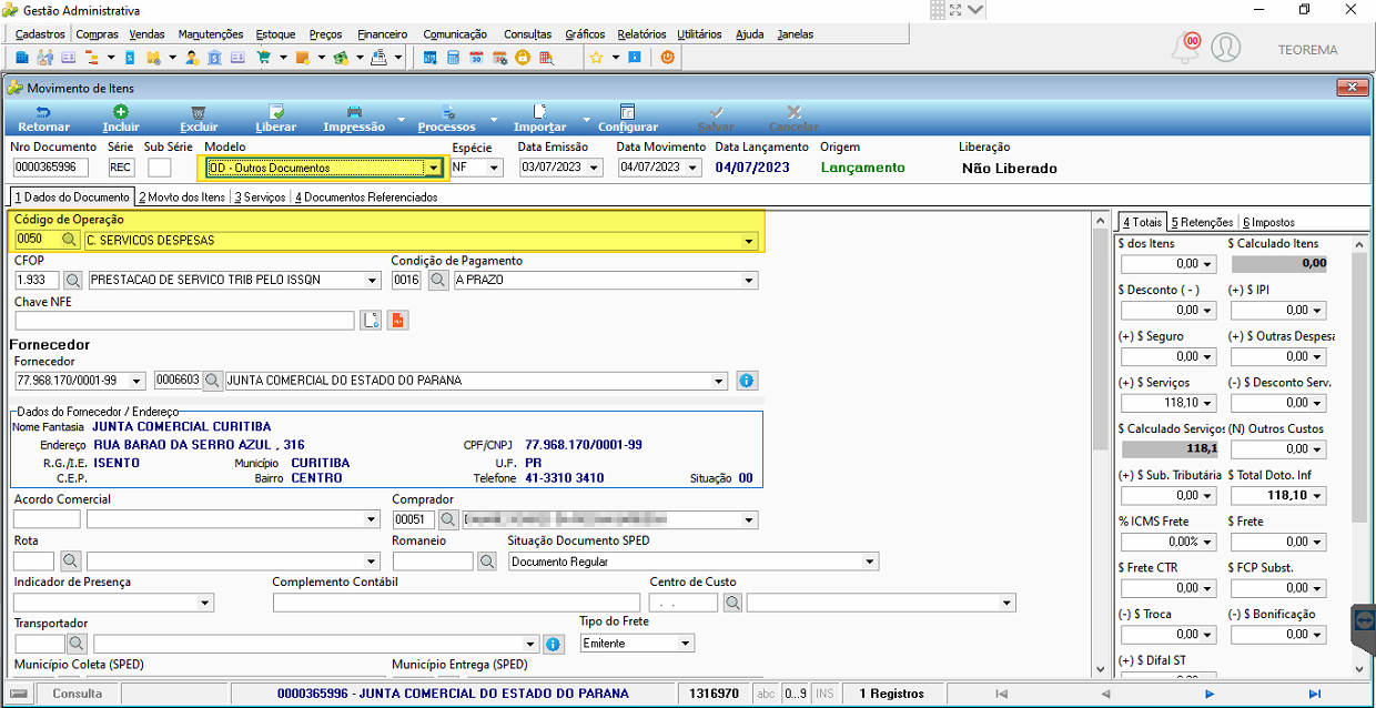Formulário de inclusão de movimento com campo Modelo preenchido com "OD - Outros Documentos", campos de data, espécie e demais dados do documento; painel lateral com totais e tributação