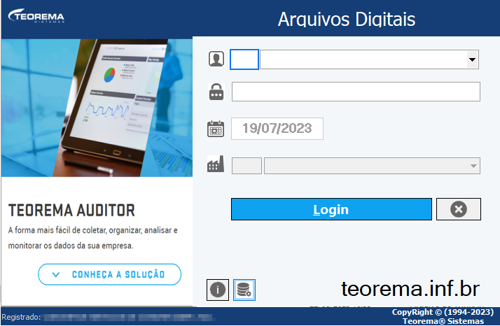 Tela de login do Arquivos Digitais com campos de usuário, senha, data (19/07/2023) e empresa, e botão Login