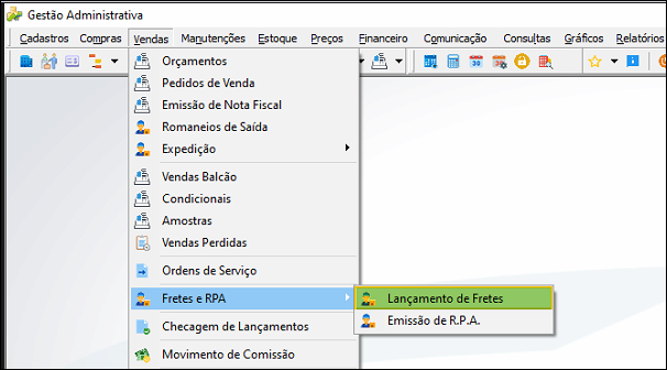Menu Vendas com submenu Fretes e RPA expandido, mostrando as opções Lançamento de Fretes e Emissão de R.P.A.
