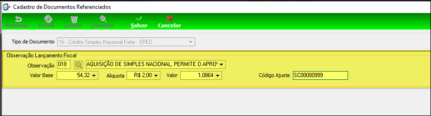 Tela Cadastro de Documentos Referenciados com Tipo de Documento "16 - Crédito Simples Nacional Frete – SPED", campo Observação preenchido com código 018 e descrição, Valor Base 54,32, Alíquota R$ 2,00, Valor 1,0864 e Código Ajuste SC00000999