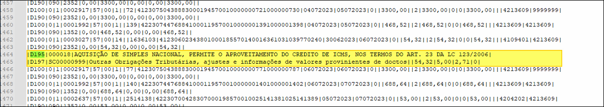 Trecho do arquivo TXT do SPED com linhas dos registros D190, D195 e D197 visíveis, incluindo a linha D197 com código SC00000999 e campos de valor preenchidos