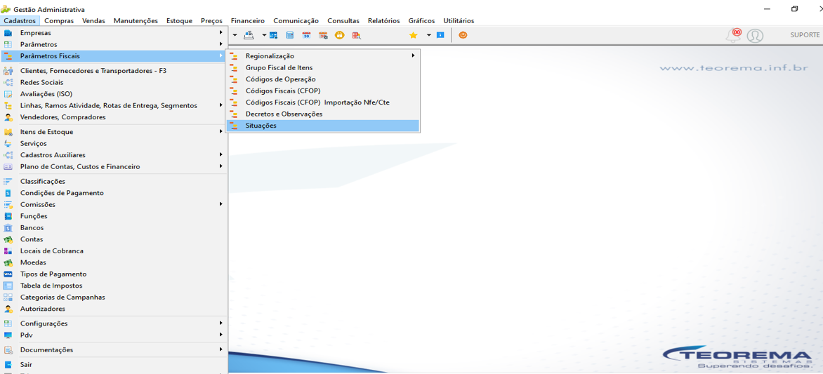 Menu Cadastros expandido com o submenu Parâmetros Fiscais aberto, destacando a opção Situações