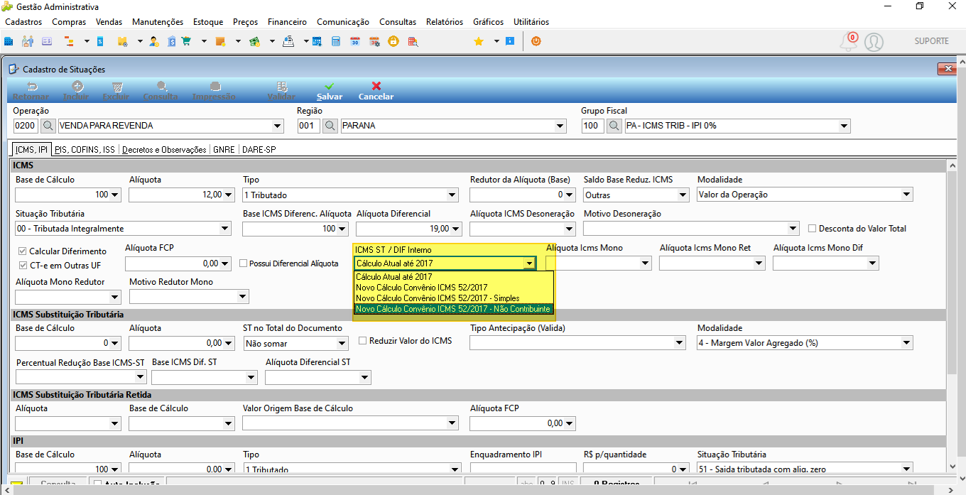 Cadastro de Situações com o dropdown ICMS ST / DIF Interno expandido, exibindo as quatro opções de cálculo disponíveis; opção "Novo Cálculo Convênio ICMS 52/2017 – Não Contribuinte" destacada