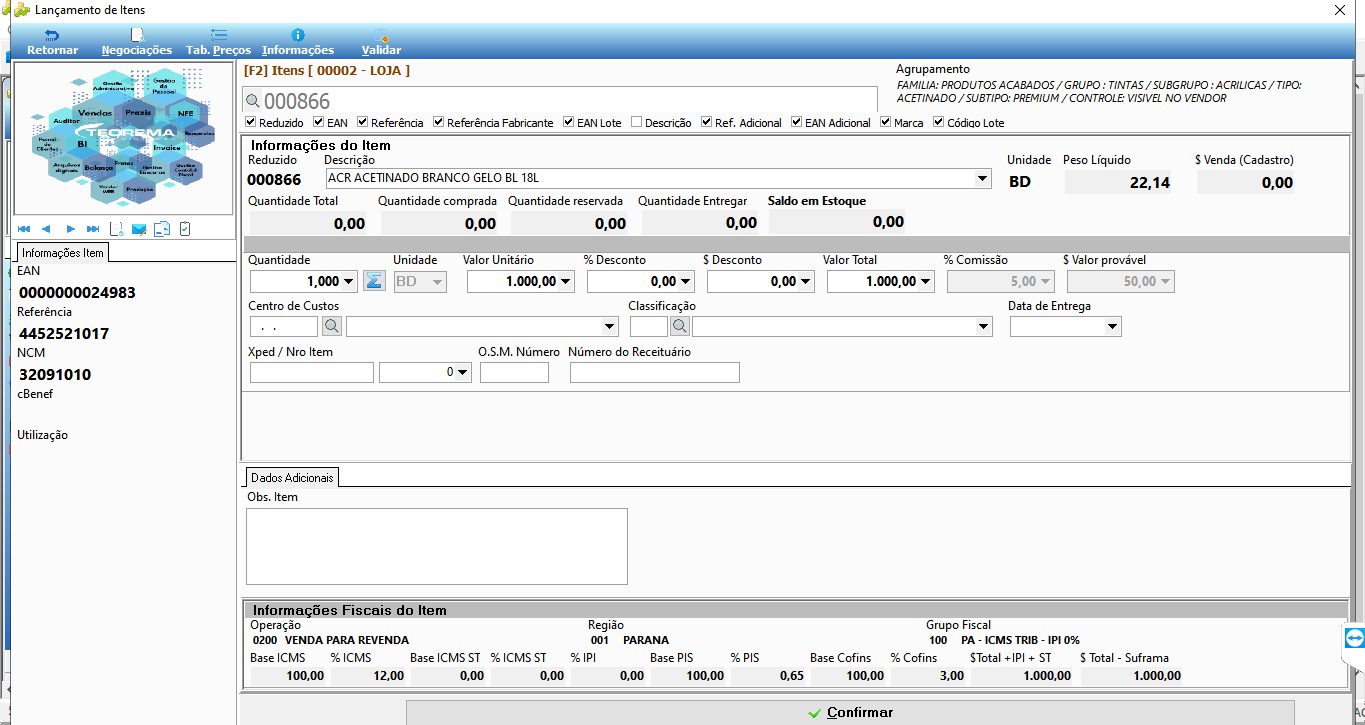Tela Lançamento de Itens com campos Quantidade (1,000), Valor Unitário (1.000,00), seção "Informações Fiscais do Item" exibindo Base ICMS 100,00 / % ICMS 12,00; botão Confirmar ao final