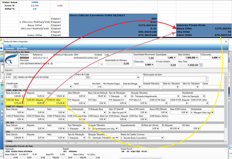 NF-e emitida com campos fiscais destacados em amarelo e vermelho evidenciando os valores de Base Difal, Alíquota Diferencial e Valor Difal calculados pelo Novo Cálculo Convênio ICMS 52/2017