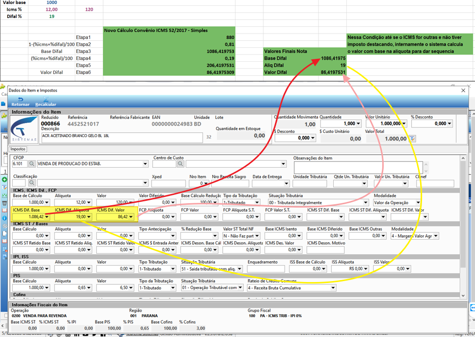 NF-e emitida com campos fiscais destacados evidenciando os valores de Base Difal, Alíquota Diferencial e Valor Difal calculados pelo Novo Cálculo Convênio ICMS 52/2017 – Simples