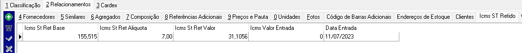 Aba "Icms ST Retido" do cadastro de item exibindo linha com Icms St Ret Base=155,515, Icms St Ret Aliquota=7,00, Icms St Ret Valor=31,1056, Icms Valor Entrada=0 e Data Entrada=11/07/2023