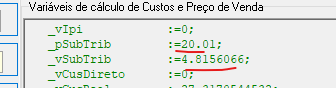Trecho da fórmula de "Variáveis de cálculo de Custos e Preço de Venda" exibindo variáveis _vIpi :=0, _pSubTrib :=20.01, _vSubTrib :=4.8156066 e _vCusDireto :=0