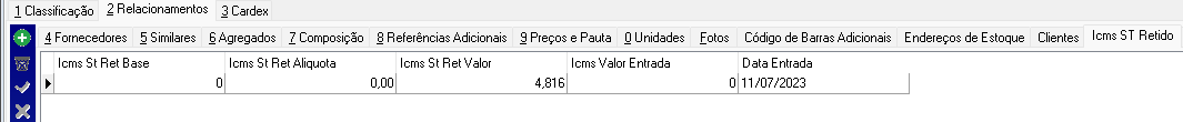 Aba "Icms ST Retido" do cadastro de item exibindo linha com Icms St Ret Base=0, Icms St Ret Aliquota=0,00, Icms St Ret Valor=4,816, Icms Valor Entrada=0 e Data Entrada=11/07/2023