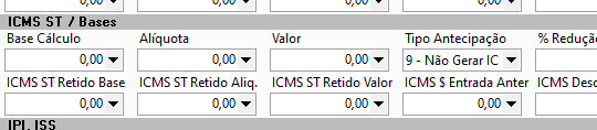 Seção "ICMS ST / Bases" da tela do item com campos Base Cálculo, Aliquota, Valor e Tipo Antecipação zerados, e campos ICMS ST Retido Base, ICMS ST Retido Aliq., ICMS ST Retido Valor e ICMS S Entrada Anter todos com valor 0,00