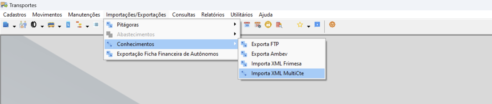 Menu Transportes com submenu Importações/Exportações > Conhecimentos expandido, destacando a opção "Importa XML MultiCte"