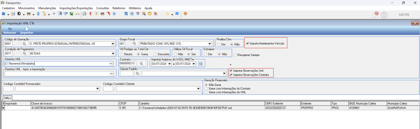 Tela Importação XML CTe com campos Código de Operação, Condição de Pagamento, Diretório XML, Contrato, grupo Finaliza Ctes com flag "Importa Atrelamentos Veículo" marcado, flags "Importa Observações Xml" e "Importa Observações Contrato", lista de XMLs com Chave de Acesso, CFOP, Caminho, CNPJ Emitente, Emitente, Tipo e IBGE Município Coleta