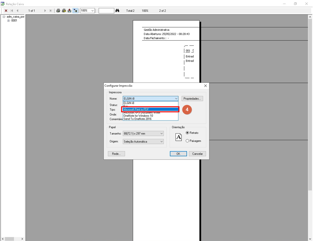 Caixa de diálogo "Configurar Impressão" com lista de impressoras aberta e "Microsoft Print to PDF" selecionado no campo Tipo