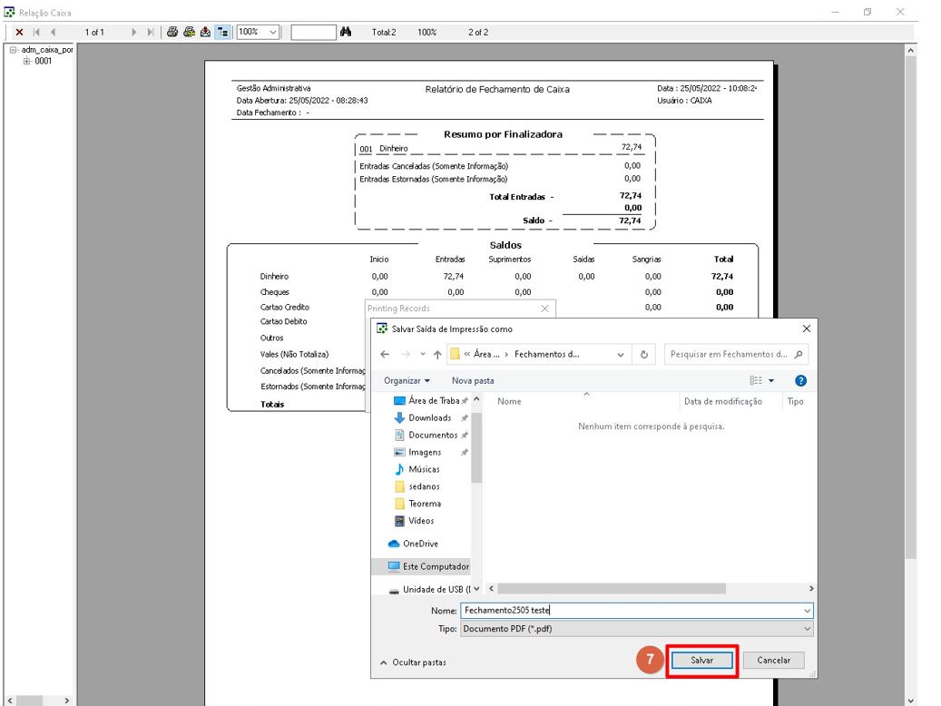 Janela "Salvar Saída de Impressão como" do Windows Explorer com campo Nome preenchido e botão Salvar destacado