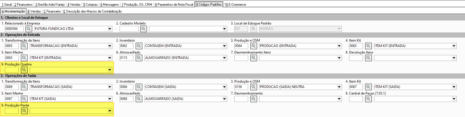Tela de parâmetros da empresa, aba 9 Códigos Padrões, sub-aba A Movimentação, exibindo a seção 2. Operações de Entrada com o campo 9. Produção Quebra em destaque e a seção 3. Operações de Saída com o campo 9. Produção Perda em destaque