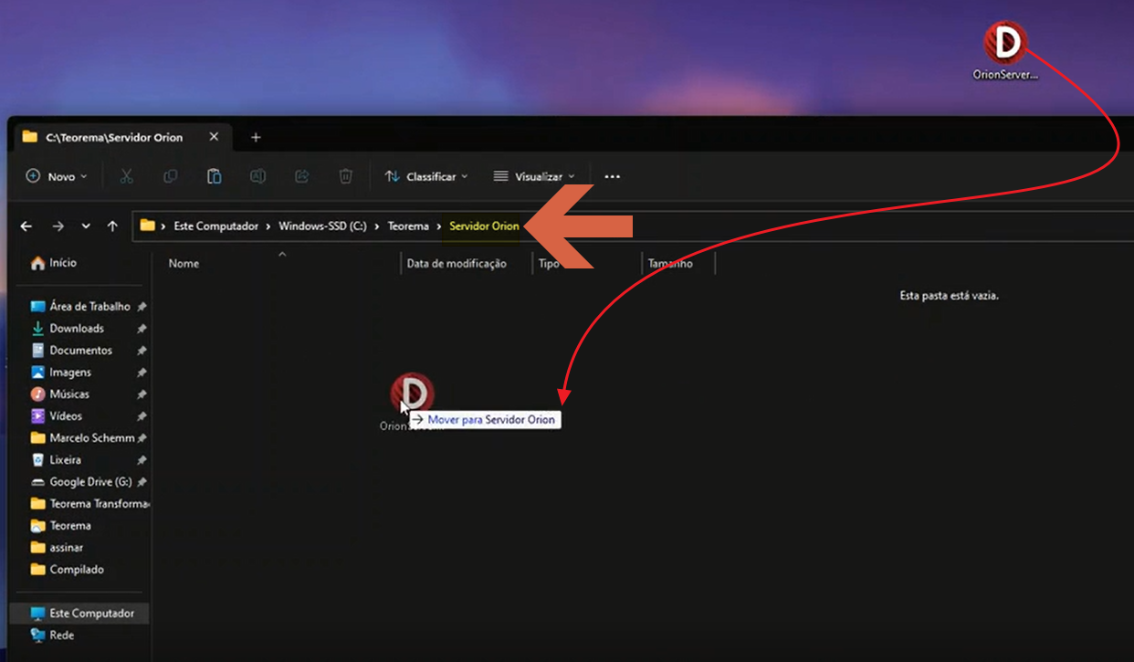 Windows Explorer mostrando o executável OrionServer sendo movido para a pasta Servidor Orion com tooltip "Mover para Servidor Orion"