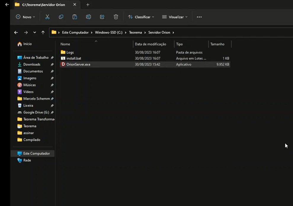 Windows Explorer em C:\Teorema\Servidor Orion com os arquivos Logs, install.bat e OrionServer.exe listados após duplo clique