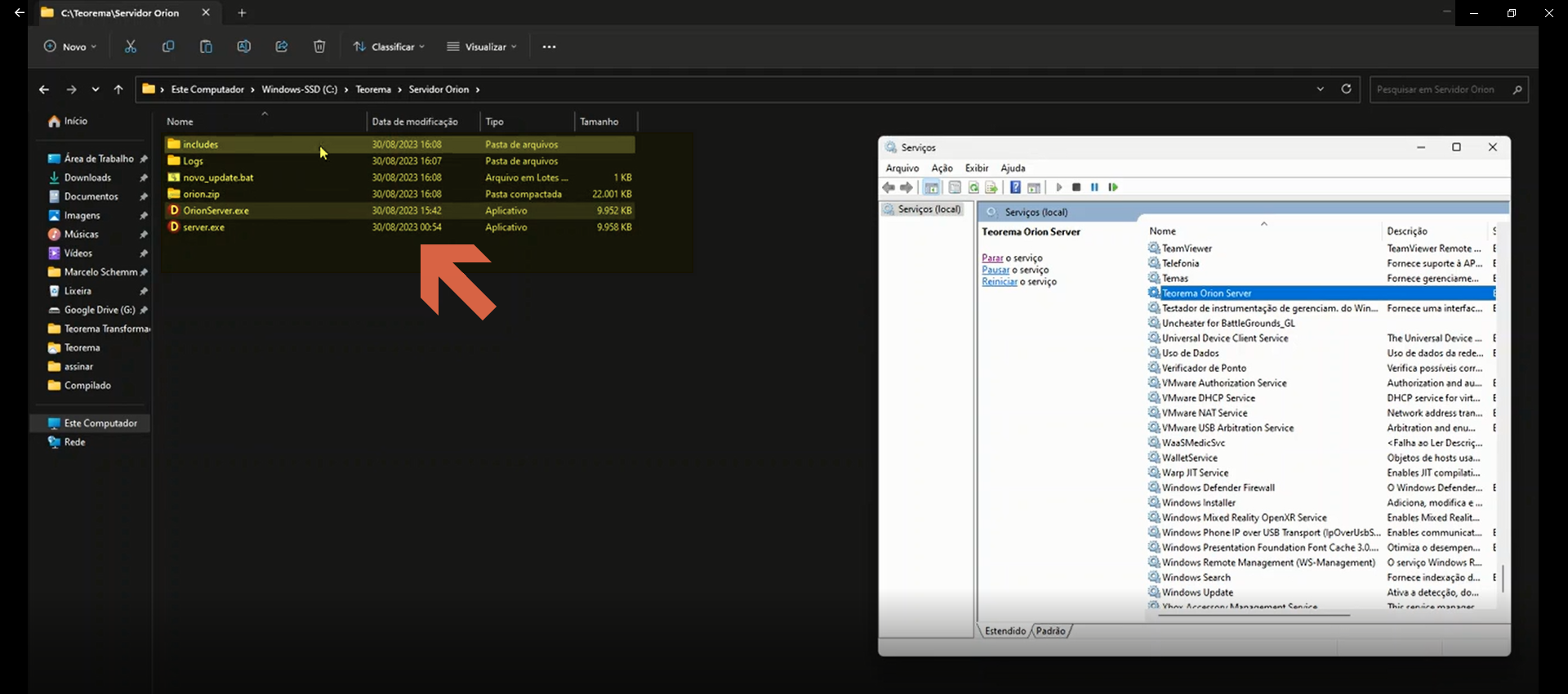 Gerenciador de Serviços do Windows exibindo o processo de auto update do OrionServer em andamento