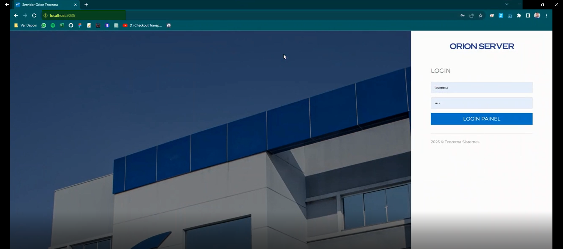 Tela de login do Orion Server no navegador com campos Senha e botão LOGIN PAINEL