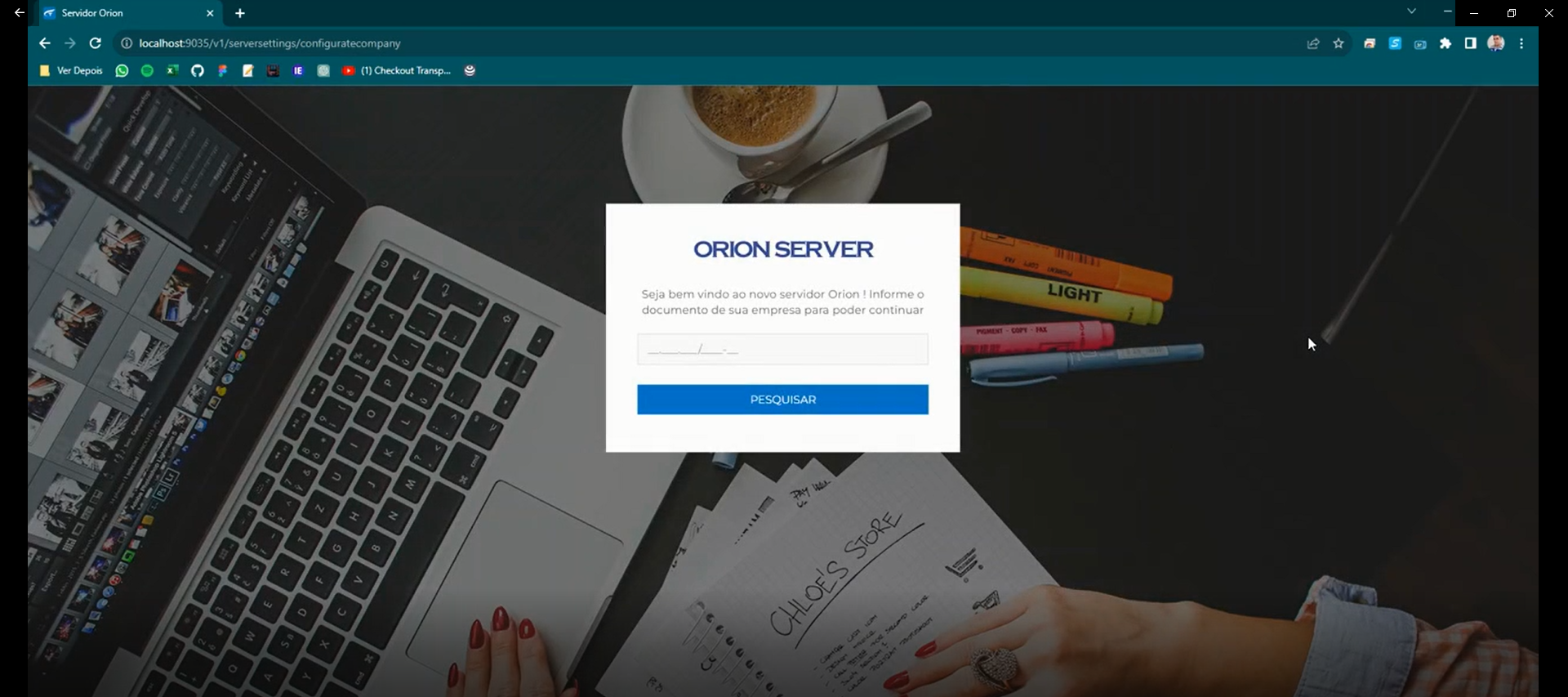 Tela inicial do Orion Server com mensagem de boas-vindas e campo para informar o CNPJ, botão Pesquisar