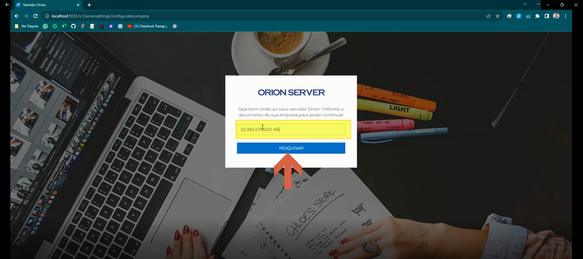 Tela do Orion Server com CNPJ preenchido no campo de pesquisa e botão Pesquisar destacado