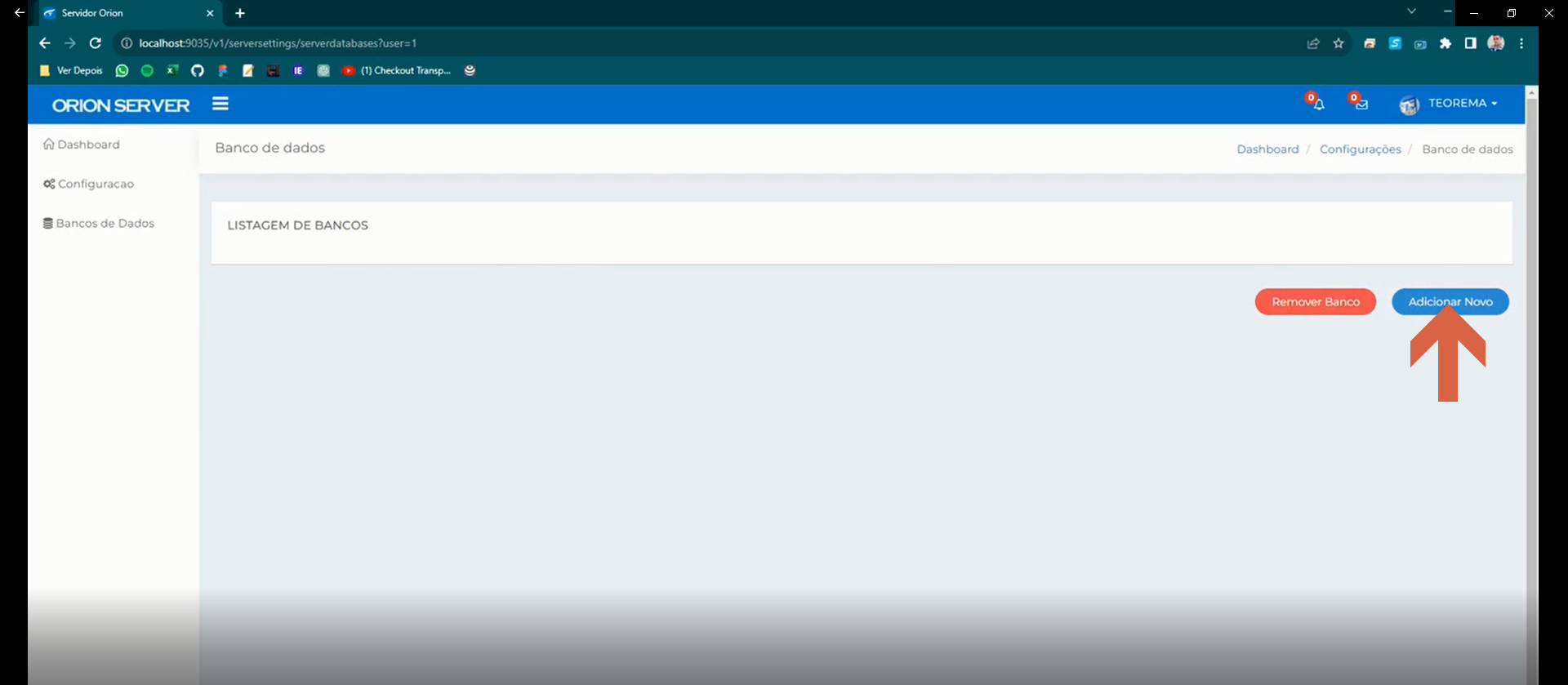 Tela Banco de dados do Orion Server com a listagem vazia e botões Remover Banco e Adicionar Novo; botão Adicionar Novo destacado