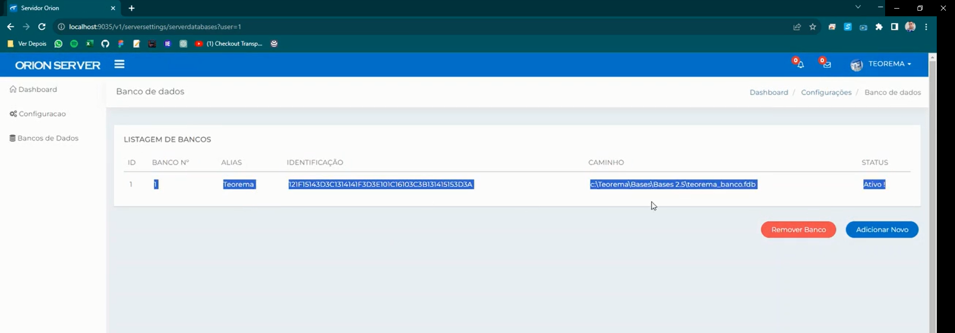 Tela Banco de dados do Orion Server com o banco cadastrado listado: Alias Teorema, Caminho c:\Teorema\Bases\Bases 2.5\teorema_banco.fdb, Status Ativo