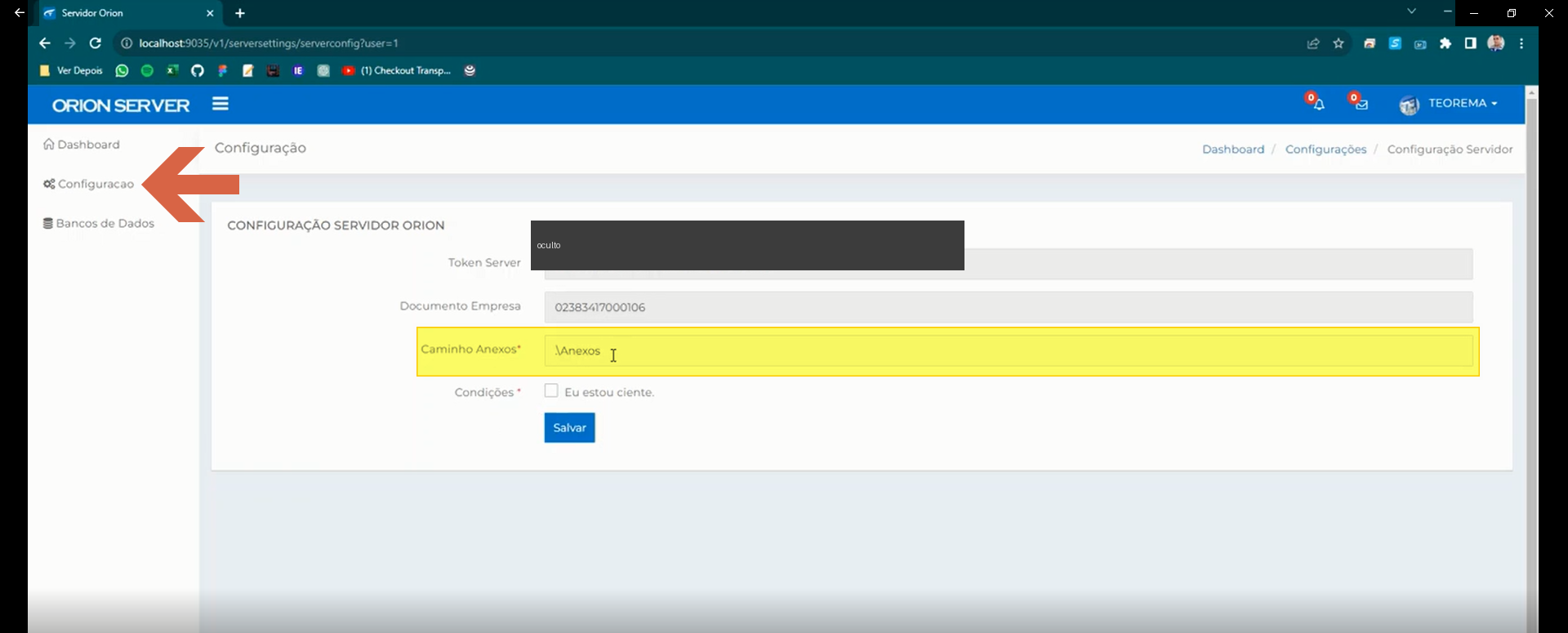 Tela Configuração Servidor Orion com o valor do Token Server ocultado e os campos Documento Empresa e Caminho Anexos preenchidos; checkbox Condições e botão Salvar