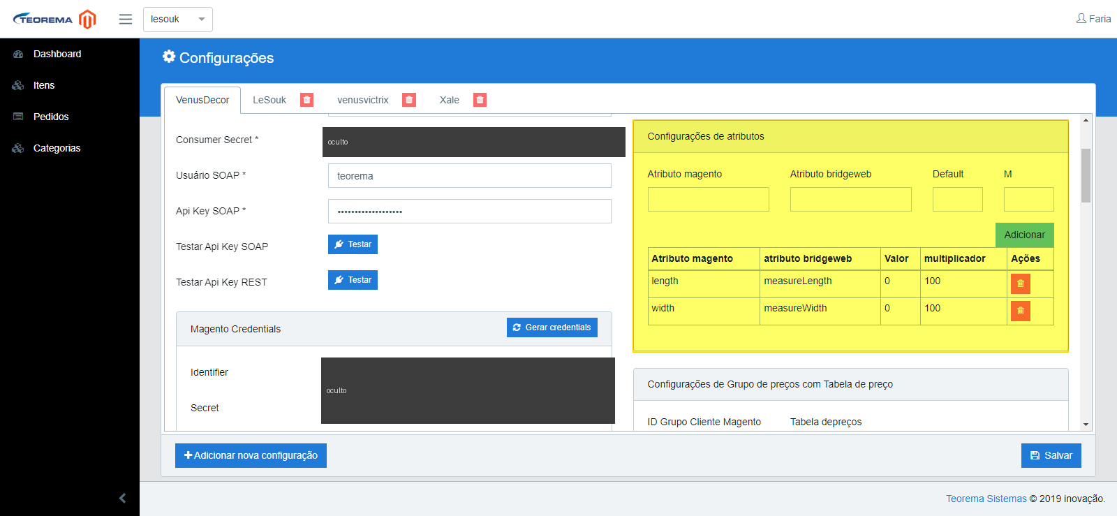 Tela de Configurações da integração Magento (aba VenusDecor) com os campos de credencial Consumer Secret, Usuário SOAP, Api Key SOAP e o bloco Magento Credentials (Identifier e Secret) com os valores ocultados; à direita, o painel Configurações de atributos com o mapeamento de atributos Magento para Bridgeweb