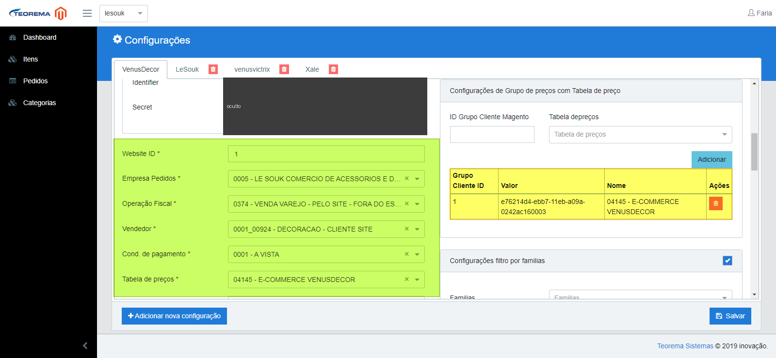 Tela de Configurações com a seção Magento Credentials (Identifier e Secret ocultados), o bloco Configurações de Grupo de preços com Tabela de preço destacado em amarelo, e os campos do pedido padrão em verde: Website ID, Empresa Pedidos, Operação Fiscal, Vendedor, Condição de pagamento e Tabela de preços