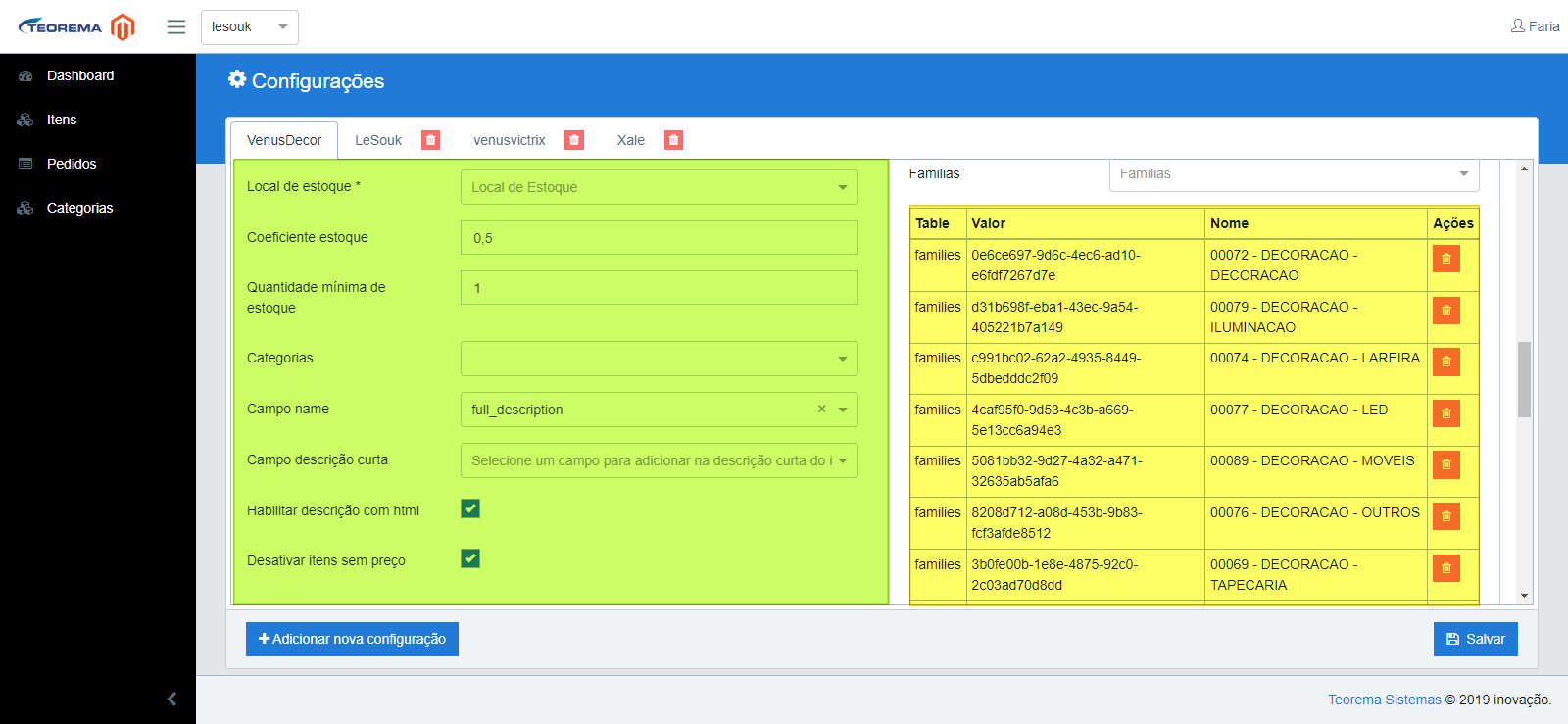 Tela de Configurações com os campos de estoque do item em verde (Local de estoque, Coeficiente estoque, Quantidade mínima, Categorias, Campo name = full_description, Habilitar descrição com HTML, Desativar itens sem preço) e, à direita, a tabela Famílias com as famílias de decoração associadas